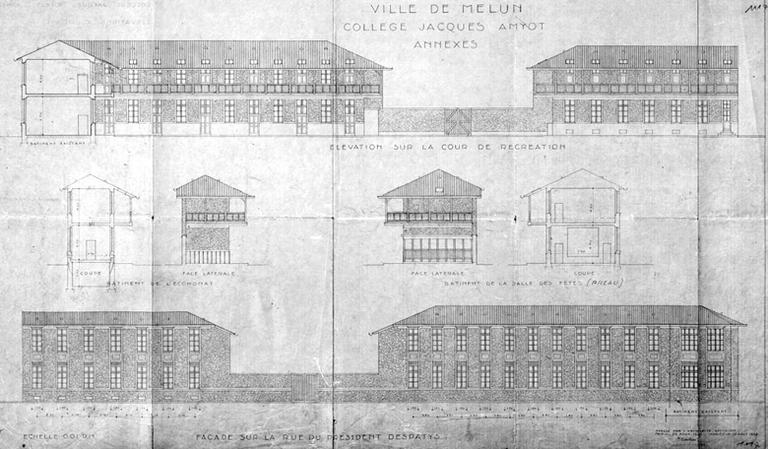 Elévations et coupes des annexes : économat et salle des fêtes (préau couvert). Projet dressé le 25 août 1930 et modifié le 10 août 1933.