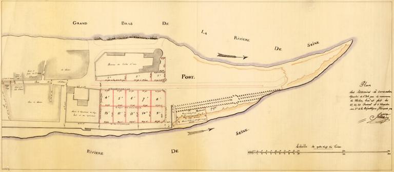 'Plan des terreins à concéder quartier de l'Isle par la commune de Melun', par Jollain, 27-29 prairial an III (projet de lotissement partiellement réalisé). Le plan représente le port dans son état de la fin du 18e siècle, avant les extensions menées au 19e siècle.