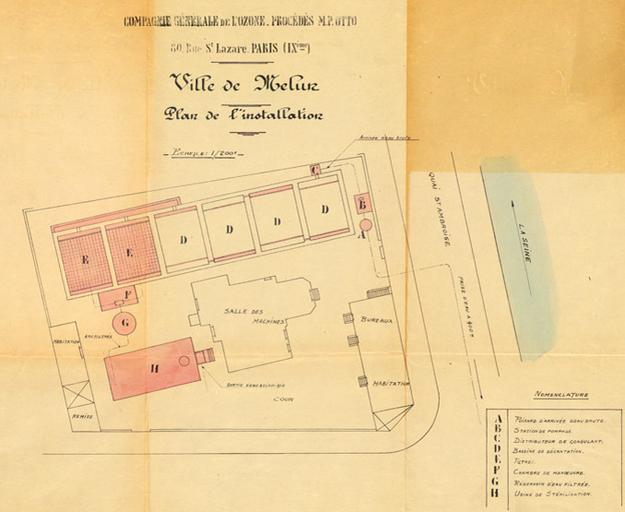 Plan de l'installation de la Compagnie générale de l'ozone à Melun.