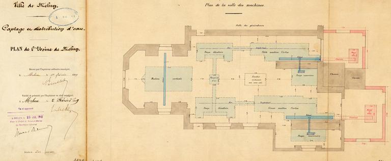 Plan de l'usine de captage et distribution d'eau de Melun : la salle des machines.