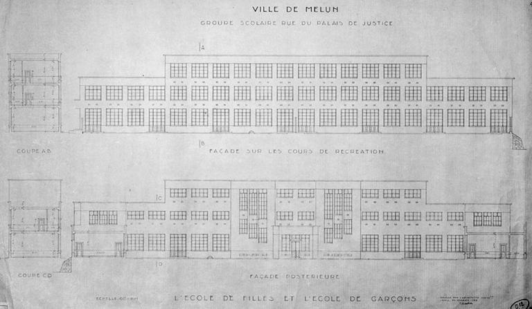 Projet finalement réalisé : élévations sud et nord de l'école primaire.