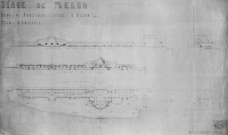 Plage de Melun. Quai du Maréchal Joffre à Melun. Plan d'ensemble.