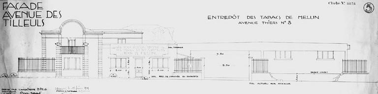 Entrepôt des tabacs de Melun : élévation sur l'avenue des Tilleuls (à l'angle de l'avenue Thiers).