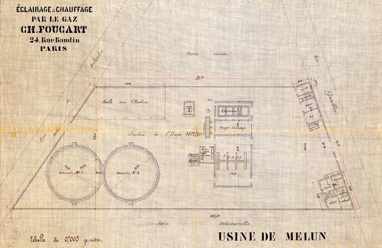 Plan de l'usine à gaz à l'angle de la rue de Belombre et de la rue Gatelliet (aujourd'hui disparue) : 'Eclairage et chauffage par le gaz Ch. Foucart (24 rue Baudin, Paris). Usine de Melun.'