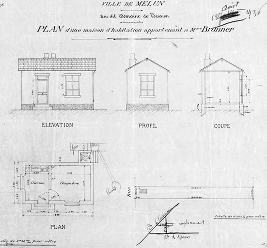 'Ville de Melun. Lieu-dit Domaine de Voisenon. Plan d'une maison d'habitation appartenant à Mme Brunner.' Exemple d'habitat très modeste, de type cabanon, présent sur le plateau nord dans les années 1930.