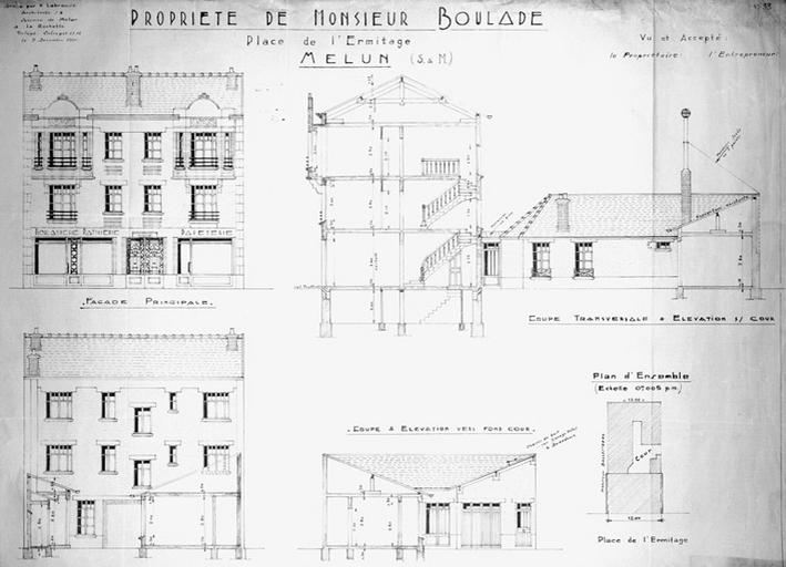 Propriété de M. Boulade place de l'Ermitage, coupes et élévations.