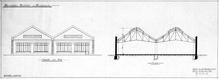 Usine 'Messieurs Blériot et Devoisselle (imprimerie, cartons) : façade, coupe.