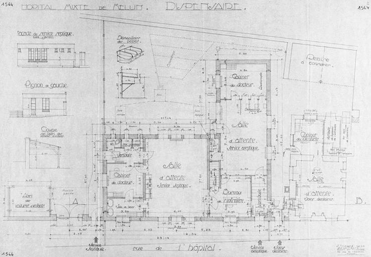 Hôpital mixte de Melun : dispensaire. Elévation sur la rue de l'Hôpital, plan du rez-de-chaussée et détails.