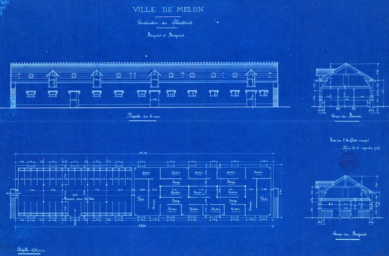 'Ville de Melun. Construction des abattoirs. Bouveries et bergeries (12 novembre 1907).' (complément du Doc. 8). Projet non réalisé.