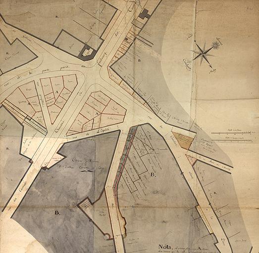 ' Plan de la place de la Reünion, rüe du Cimetière, rüe des Fossés, porte Paris et du Département, rüe des Fossés à la place de la Reunion et places vagües'. Partie supérieure du document : le lotissement de la place des Carmes.