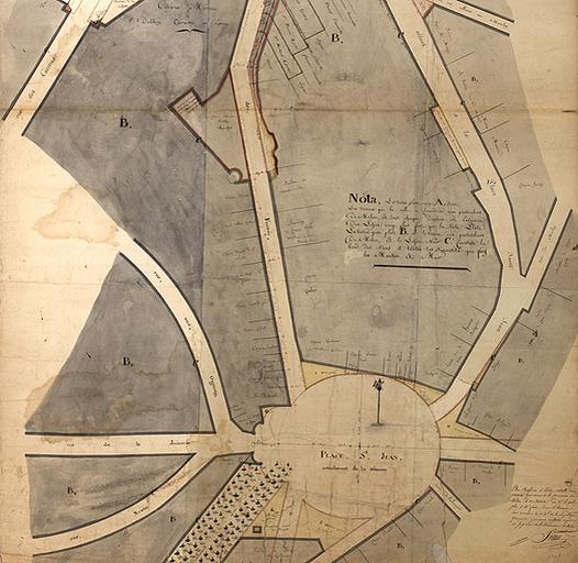 ' Plan de la place de la Reünion, rüe du Cimetière, rüe des Fossés, porte Paris et du Département, rüe des Fossés à la place de la Reunion et places vagües'. Partie inférieure du document : la place Saint-Jean.