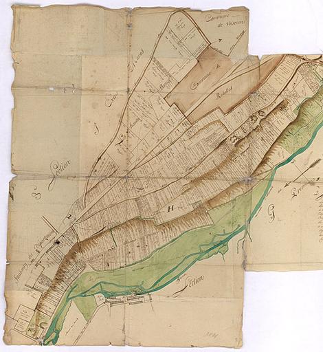 Plan cadastral de 1792 : planche H, partie gauche. 'Minutte de la section H extra muros bornée au levant par la rivière d'Almont, la manufacture du citoyen Perrenod et le faubourg Liesne, du couchant par le faubourg du département et le chemin de Melun à Voisenon et au Jard, du nord par le chemin des Mulets et les Hautes Bornes, communes de Voisenon et Rubelles et par partie de Trois Moulins et de la commune de Mainsy, du Midy par le moulin de Poignet, moulin à vent et la rüe du cidevant cimetière Aspais, contenant 221 articles non compris les numéros double et triple.'