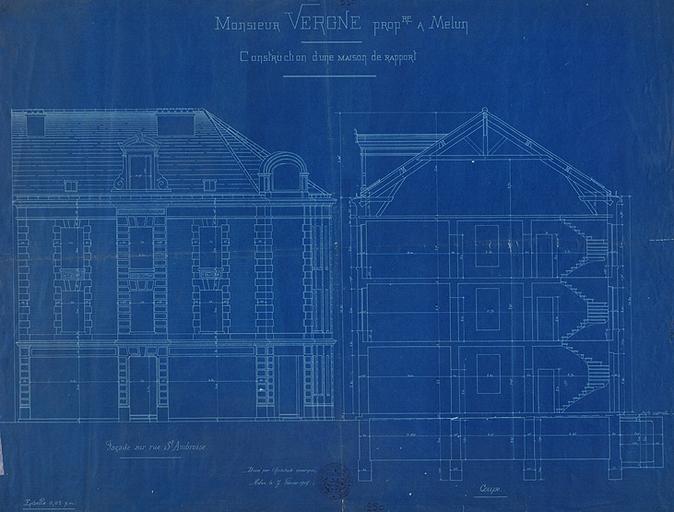 'M. Vergne, propriétaire à Melun. Construction d'une maison de rapport. Façade et coupe.'