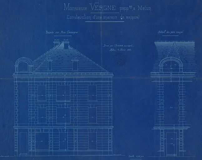 'M. Vergne, propriétaire à Melun. Construction d'une maison de rapport. Façade latérale sur la rue Armand Cassagne.'