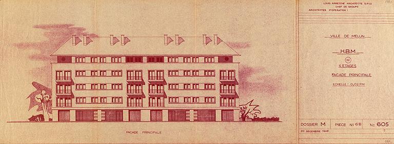 Premier projet de Louis Arretche pour le secteur 'route de Corbeil' : façade principale d'un immeuble HLM de type 3.2, à 4 étages.