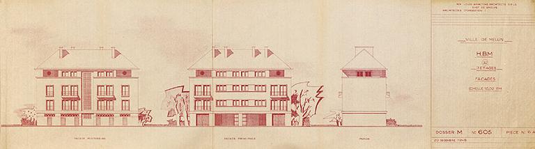 Premier projet de Louis Arretche pour le secteur 'route de Corbeil' : façades d'un immeuble HLM de type 3.2, à 3 étages.