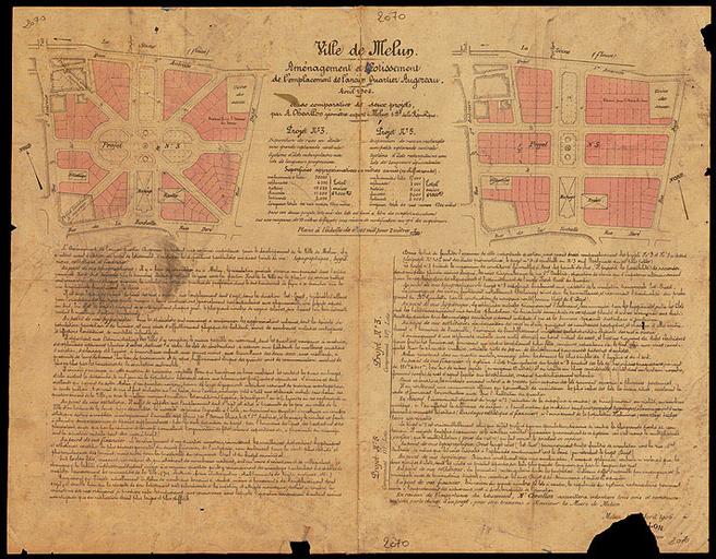 'Ville de Melun. Aménagement et lotissement de l'ancien quartier Augereau. Etude comparative de deux projets.' Vue d'ensemble du document (pour le détail des deux plans : Doc. 6 et 7).