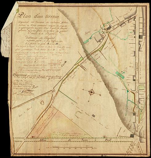 Plan du terrein dependant des domaines du condamné Fréteau emblavé en bled contenant mesure de 22 pieds 3 arpens 10 perches un quart dans lequel l'on pourroit prendre 3/4er pour faire le cimetière du quartier d'Almont et de l'hôpital.