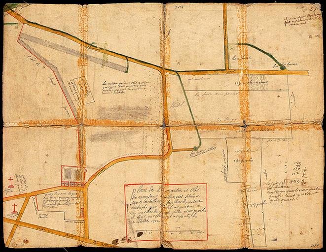 Plan de la maison et clos de monsieur Girlanvos situé à Saint-Bartellemy faubour de Melun, mesuré par Giert arpenteur à la mesure de vingt pieds pour perches et cent perches pour arpent le 22 octobre 1712.
