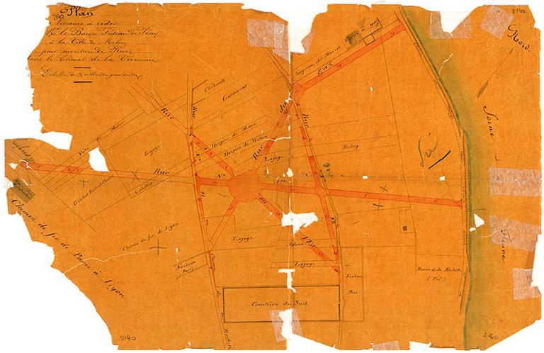 Plan de terrains à céder par M. le Baron Fréteau de Pény à la Ville de Melun pour ouverture de rues, dans le climat de la Varenne.