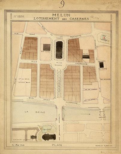 Plan de lotissement des casernes, avec création d'un pont sur la Seine (projet non réalisé).