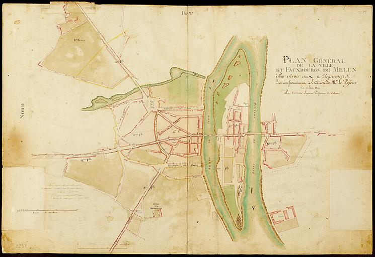 'Plan général de la ville et fauxbourgs de Melun pour servir aux alignements, levé conformément à l'arrêté de M. le Préfet du 10 juin 1809 par Cerneau ingénieur vérificateur du cadastre'. Tableau d'assemblage.