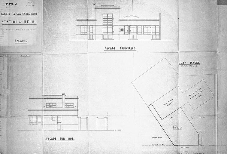 Station de Melun : façades (éch. 1/50e) et plan masse (éch. 0,01 p.m.), 21 mai 1941.'