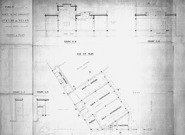 Station de Melun : coupes et plan de l'aile projetée, échelle 1/50e, 16 mai 1941'.