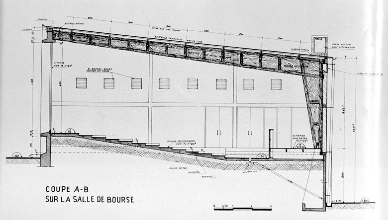 Coupe longitudinale de la salle de bourse.