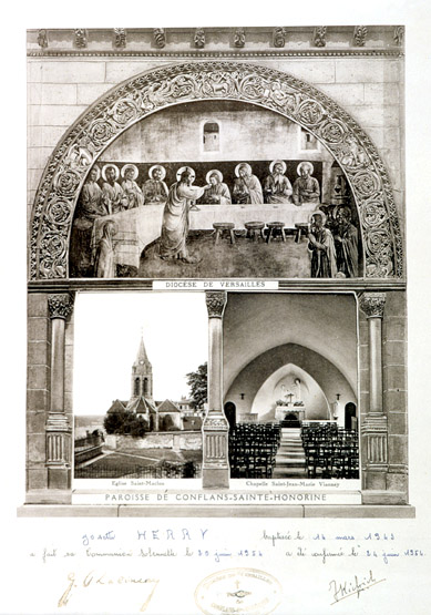 Certificat de communion de 1954 représentant l'intérieur de l'église.