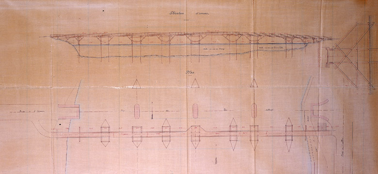 Pont routier provisoire sur la Seine. Plan et coupe.