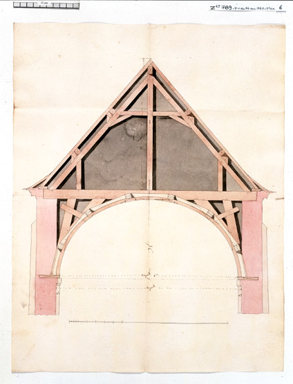 Coupe de la charpente du comble de la chapelle.