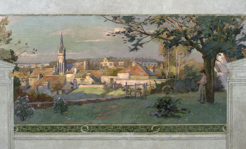 Esquisse de Paul Schmitt pour le concours du décor de la salle des fêtes en 1901 : détail du panneau figurant l 'église et le lycée Michelet.