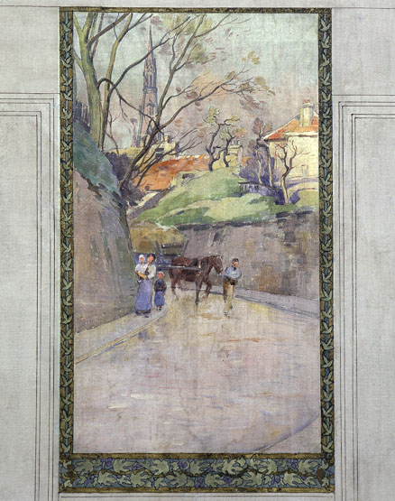 Esquisse d'un peintre non identifié pour le concours du décor de la salle des fêtes en 1901 : détail du projet avec une vue de l'actuelle rue Louis-Dardenne.
