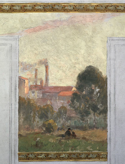 Esquisse de Jean Constant Pape pour le concours du décor de la salle des fêtes en 1901 : détail d'un élément du projet comportant une vue de la briqueterie.