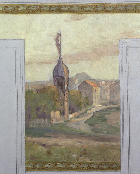 Esquisse de Jean Constant Pape pour le concours du décor de la salle des fêtes en 1901 : détail d'un élément du projet comportant une vue de la commune.