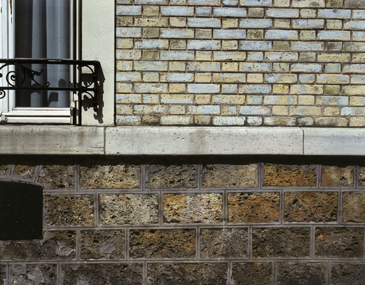 L'appareillage du mur de façade sur rue, composé de briques simples alternant avec des briques émaillées, sur un soubassement de meulière équarie.