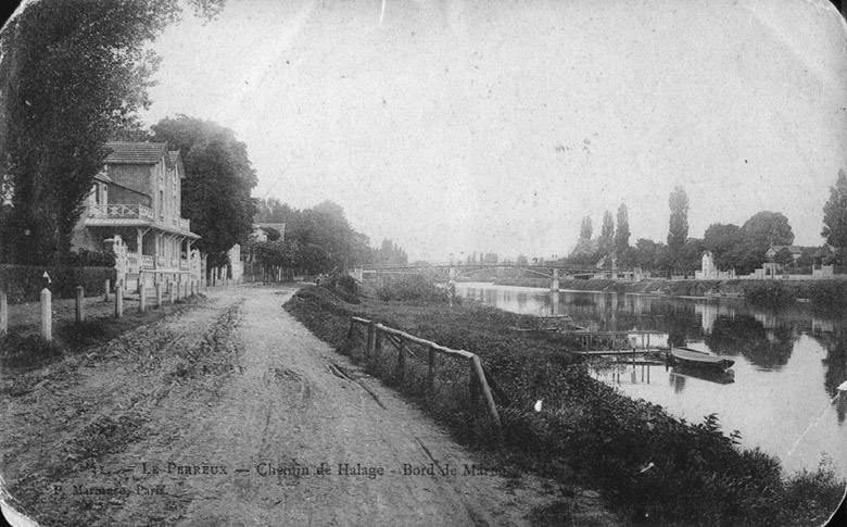 Vue du chemin de halage et de la Marne, au niveau de l'actuel 40-41 quai de Champagne. Les maisons jumelle existent toujours.