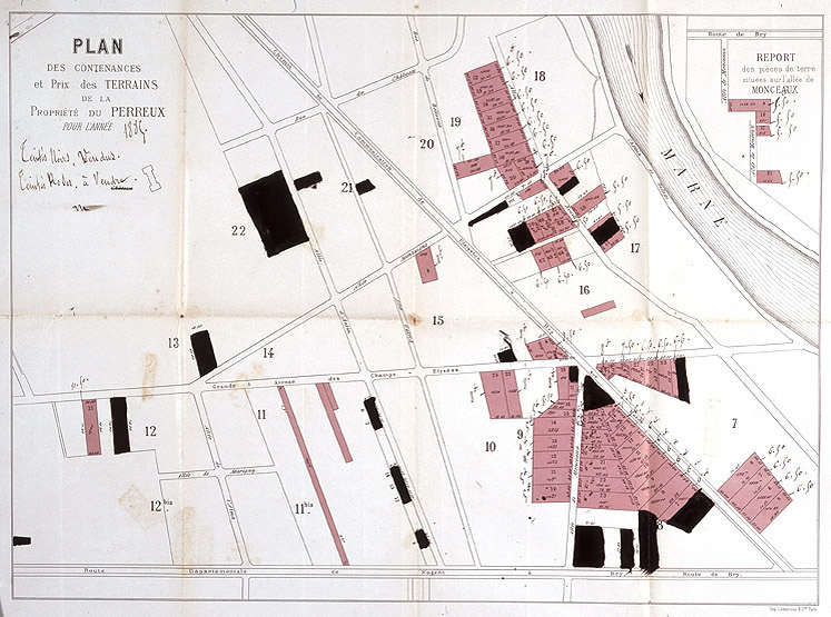 Plan des contenances et prix des terrains de la propriété du Perreux pour l'année 1885.