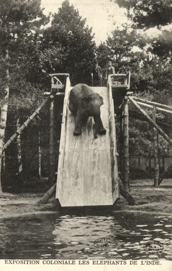 Carte postale, exposition coloniale de 1907, vue du tobaggan pour les éléphants.