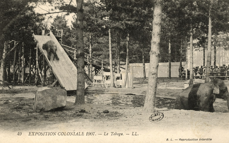 Carte postale, exposition coloniale de 1907, vue du tobaggan pour les éléphants.