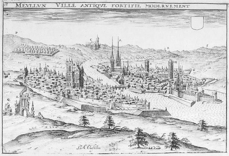 'Meullun ville antique fortifié modernement'. Profil de la ville depuis le nord-ouest, par Claude Chastillon. Début du XVIIe siècle.