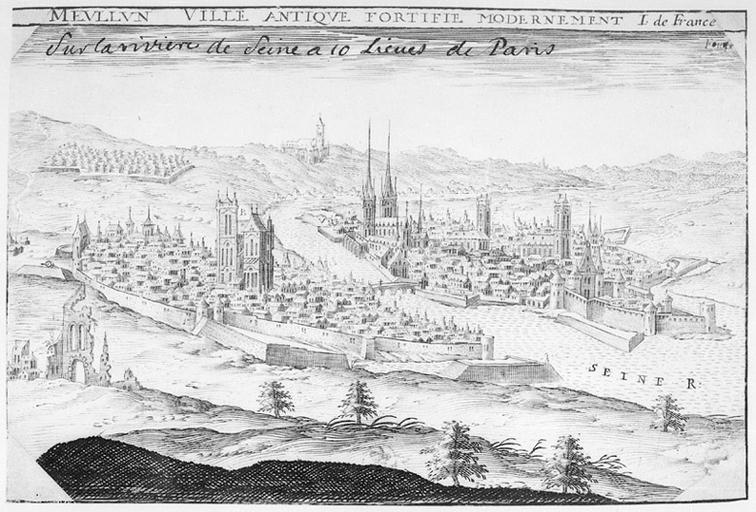 'Meullun ville antique fortifié modernement, sur la rivière de Seine à 10 lieues de Paris'. Profil de la ville depuis le nord-ouest, par Claude Chastillon. Début du XVIIe siècle.