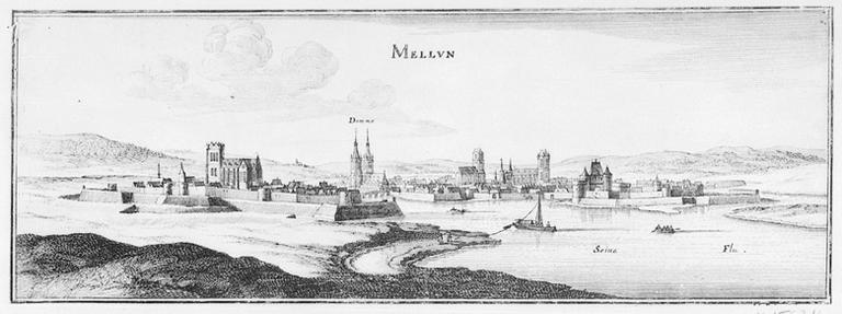 'Mellun'. Profil de la ville depuis le nord-ouest. Gravure d'après un dessin de J. Peeters, publiée par Merian. XVIIe siècle.