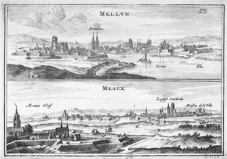 Profil des villes de Melun et de Meaux. Gravure, XVIIe siècle. La vue de Melun est identique à celle du Doc. 14.