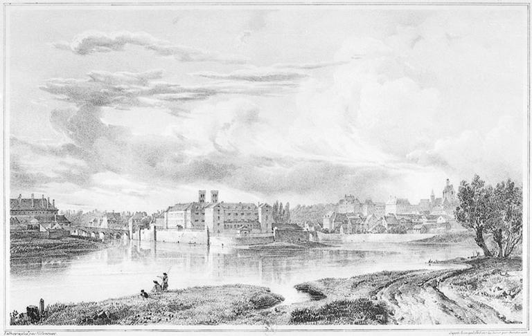 Melun vu de l'amont. Lithographie de Villeneuve d'après le croquis fait sur place par Sandeman.