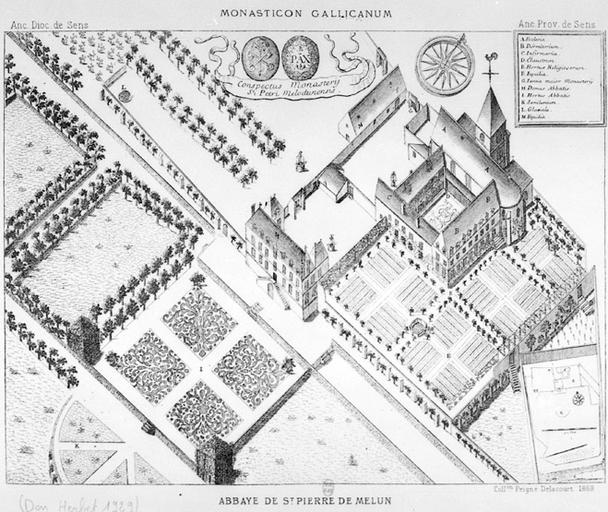 L'abbaye vue à vol d'oiseau, dans son état du XVIIIe siècle (gravure extraite du 'Monasticon gallicanum'). La préfecture a repris l'ancien logis abbatial, au centre du dessin.