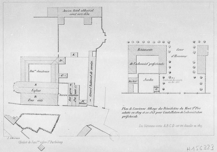 Plan de l'ancienne abbaye des Bénédictins du Mont Saint-Père achetée en 1808 et 1818 pour l'installation de l'administration préfectorale.