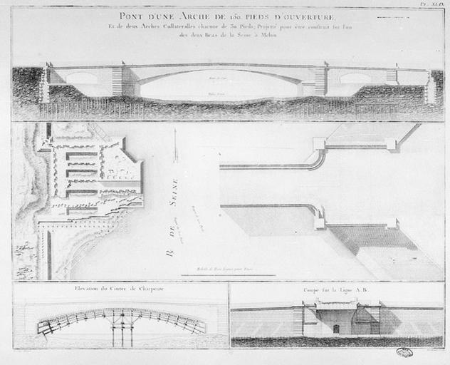 Projet (non réalisé) de pont à une seule arche, sur le grand bras de la Seine : plan, coupe, élévation du pont. Voir le dossier IA77000418.