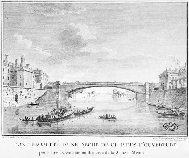 Projet (non réalisé) de pont à une seule arche, sur le grand bras de la Seine : vue d'ensemble. On distingue à gauche le couvent des Visitandines, et tout au fond, le moulin Saint-Sauveur.